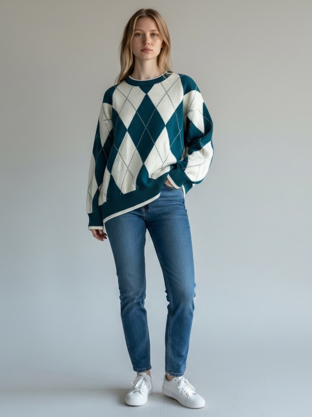 Teal and Ivory Argyle Knit Sweater vintage Cotton Traders XL unisex